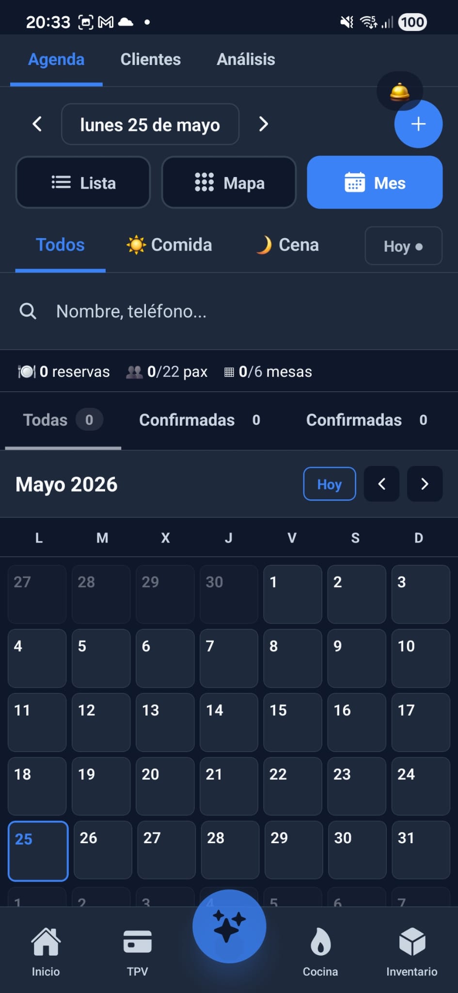 Vista mensual del calendario de reservas