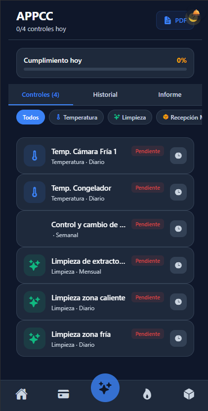 Registro APPCC con controles de temperatura y limpieza en la app de Cevaz