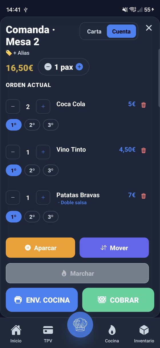 Comanda por mesa y por tiempos