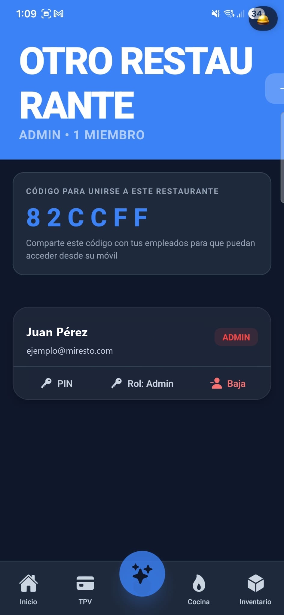 Pantalla de equipo con código para unirse y miembro ADMIN