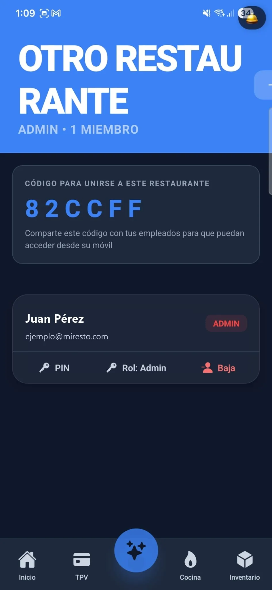 Pantalla de equipo con código para unirse y miembro ADMIN
