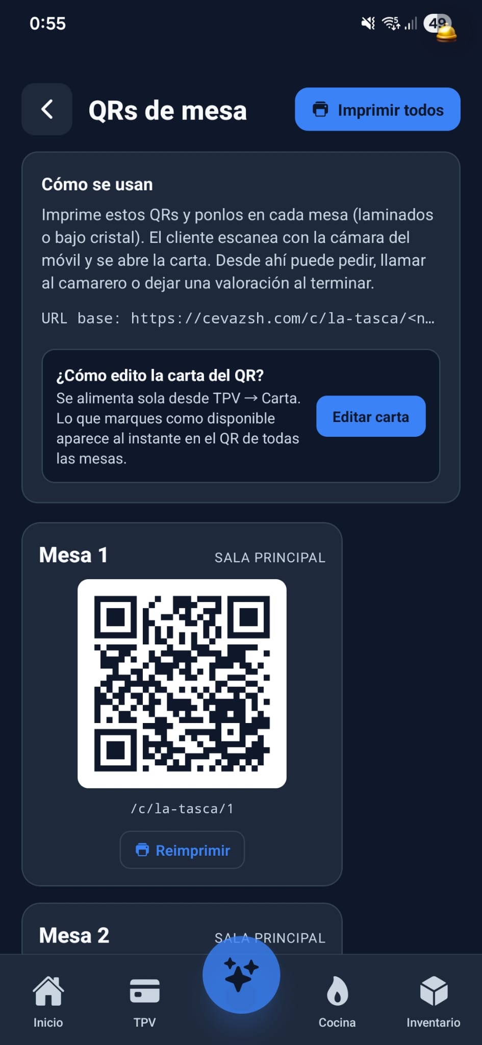 Pantalla admin para imprimir QRs por mesa