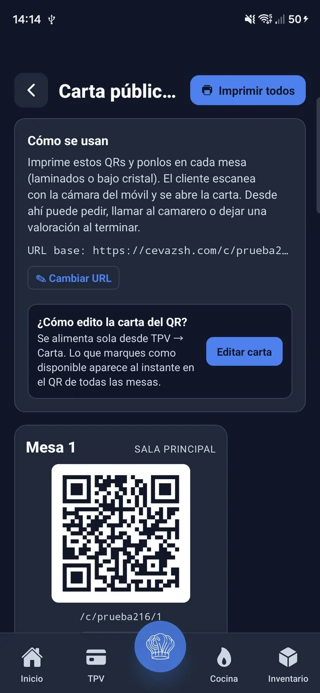 Pantalla admin para imprimir QRs por mesa